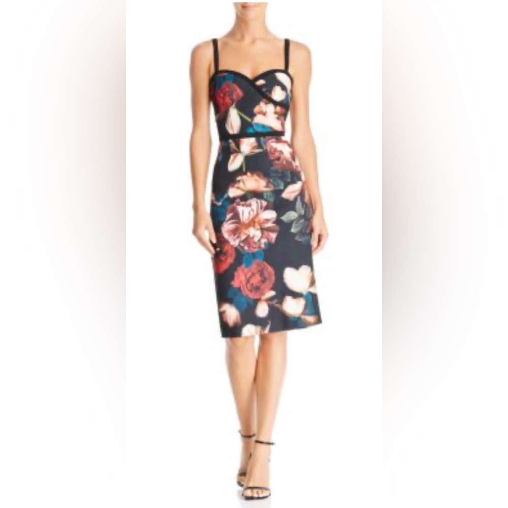 Black Halo printed floral sheath dress.